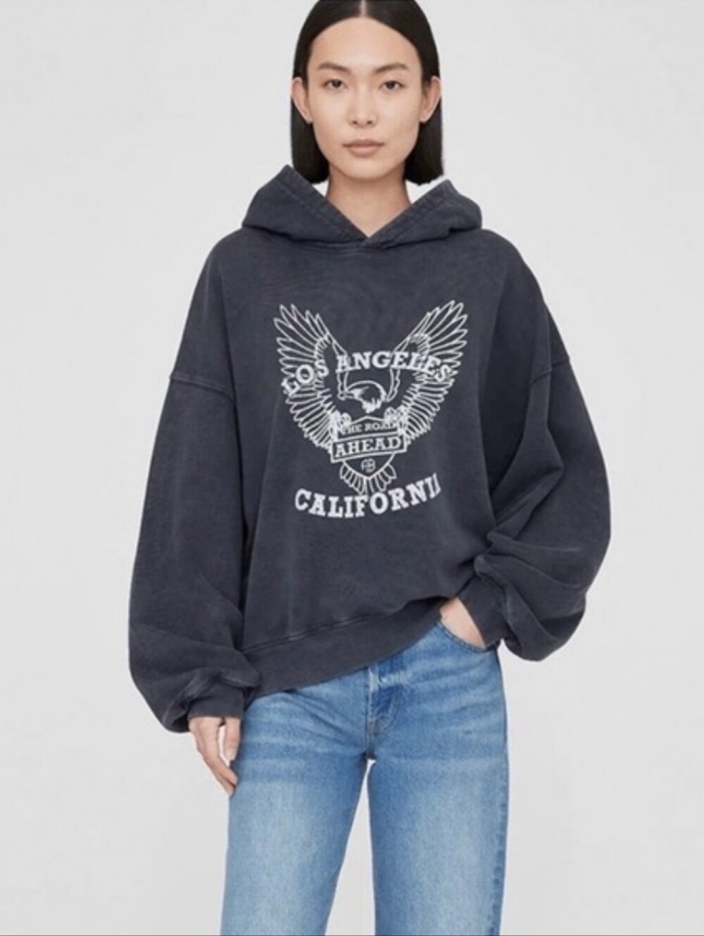 Anine Bing Alec Hoodie White Eagle Washed Black Cotton Oversized Sweatshirt Sz L